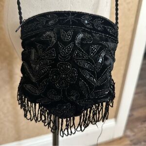 VTG 90s Velvet Velour Beaded Sequin Fringe  Shoulder Crossbody Bag Purse